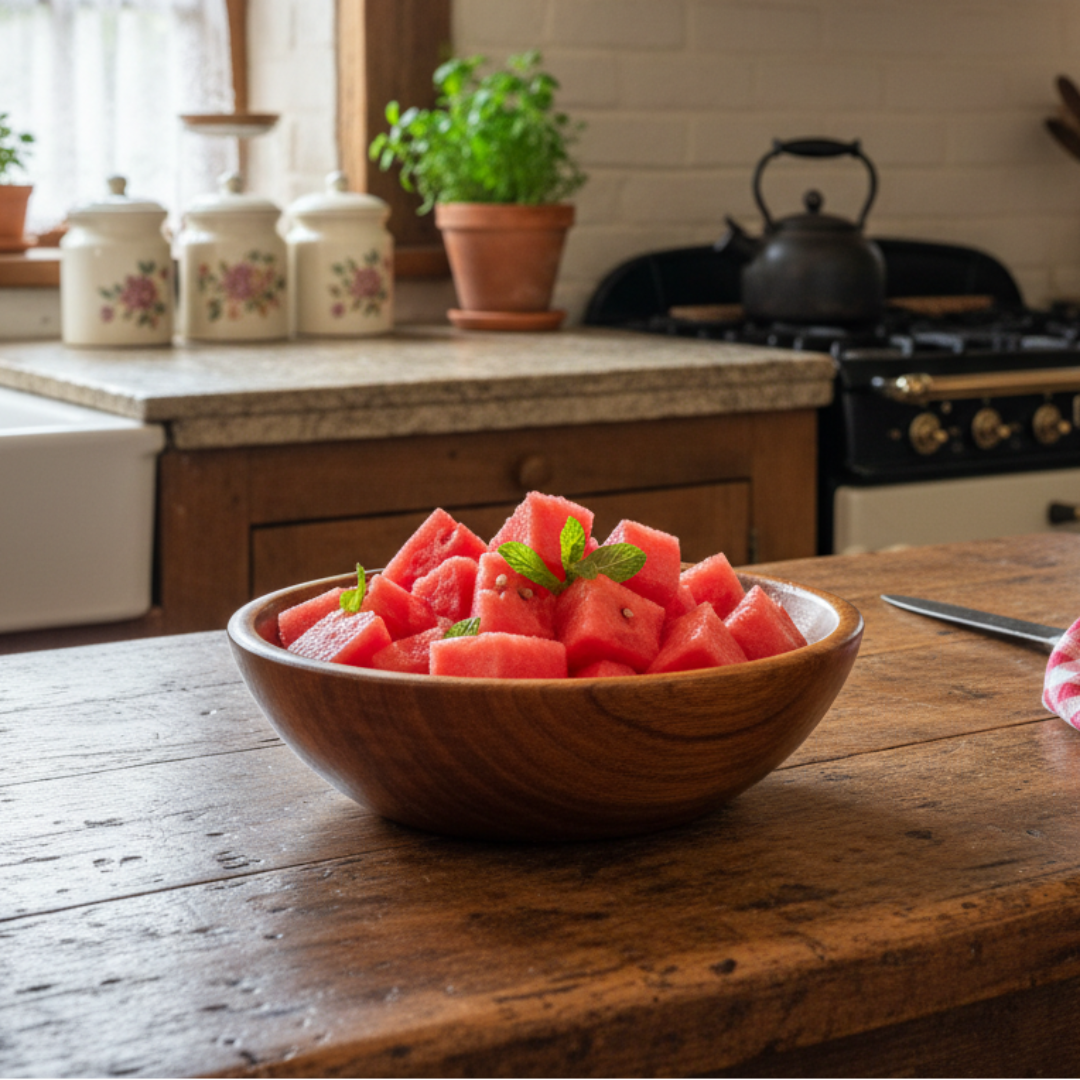 Bowl of watermelon slices on a wooden kitchen counter with a rustic feel.