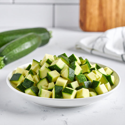 Diced Green Courgettes on a white plate
