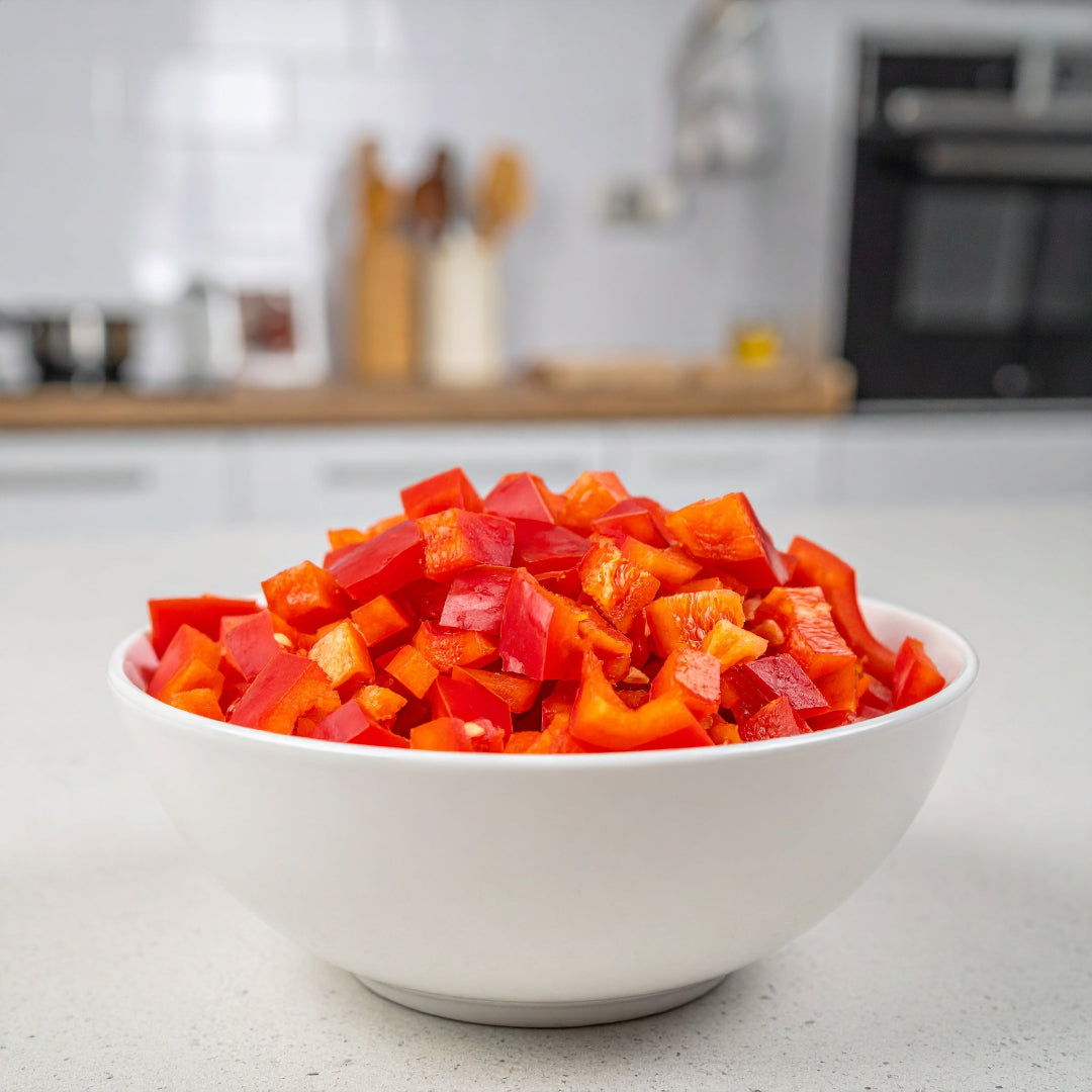 Diced Red Capsicum in a White Bowl