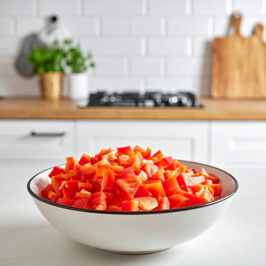 Diced Red Capsicum in a white bowl with a black rim