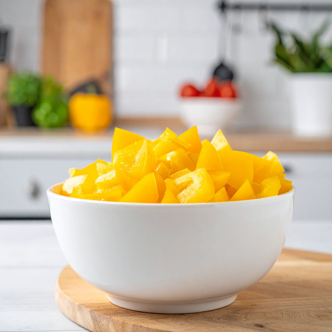 Diced Yellow Capsicum In a White Bowl