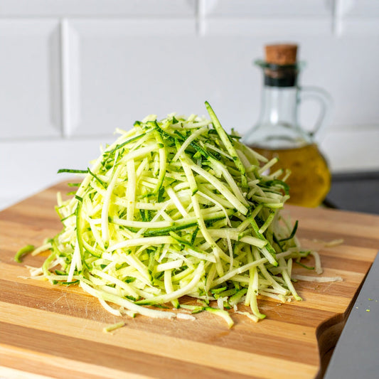 Grated Green Courgettes on a wooden chopping board