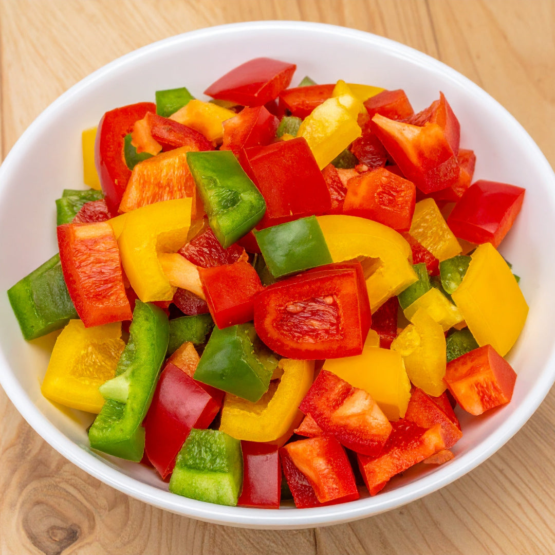 Mixed Diced Capsicum in a White Bowl