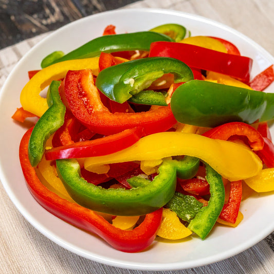 Mixed red, green and yellow capsicum batons