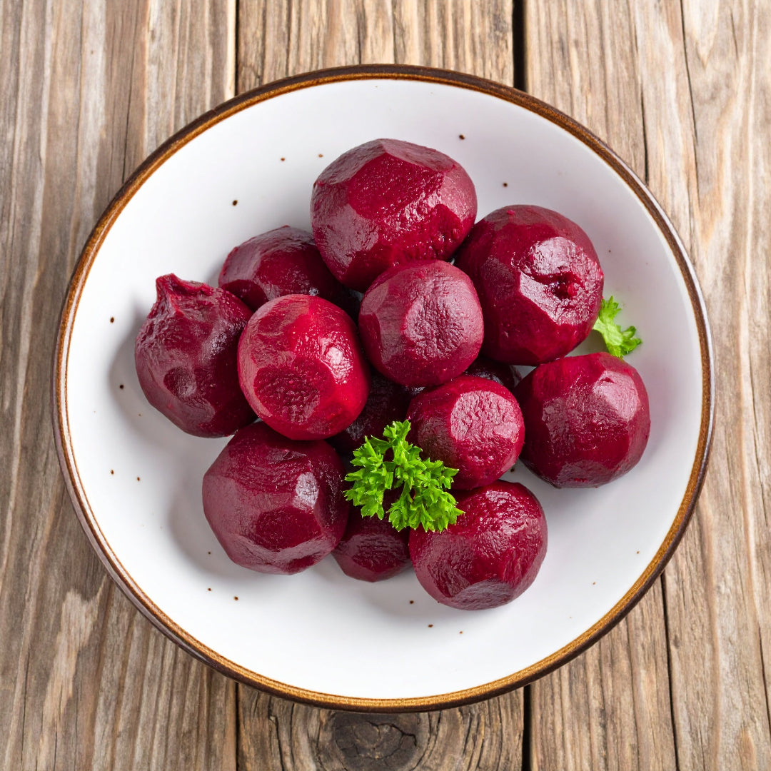 Peeled Baby Beetroot in a white bowl