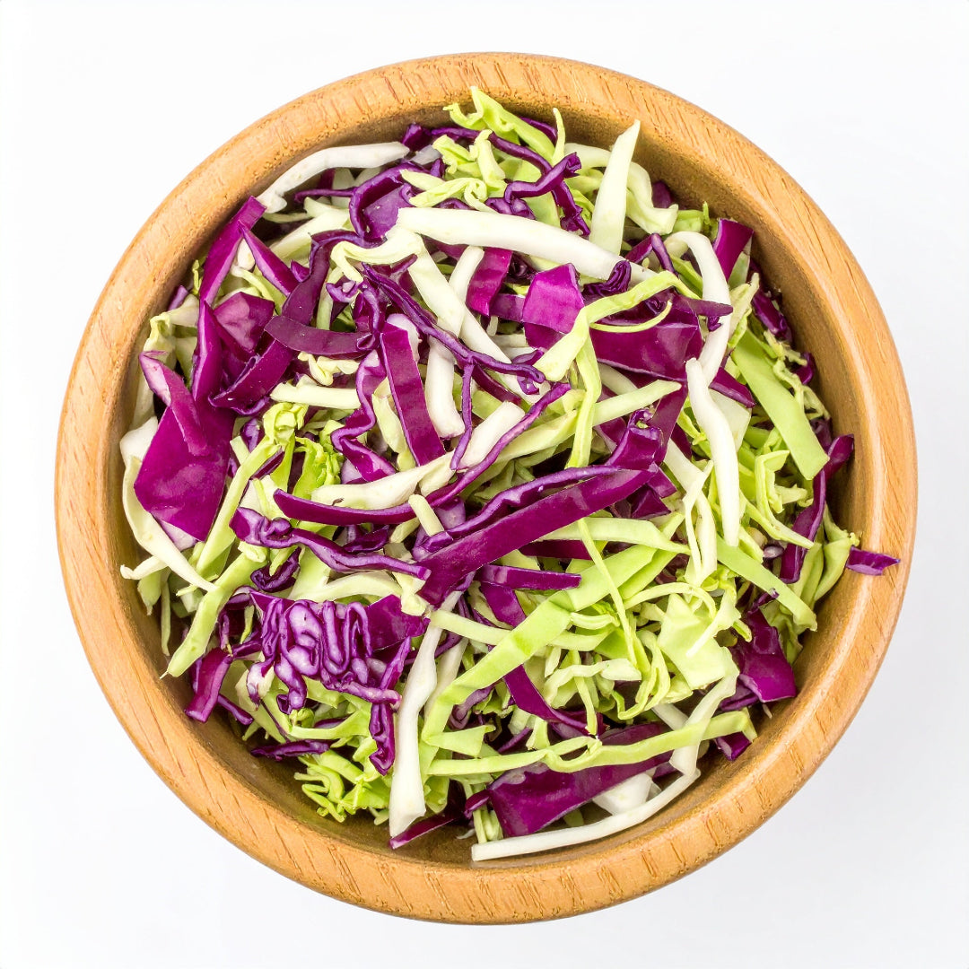 Red and Green Shredded Cabbage in a round bowl