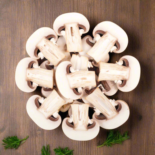 Sliced Mushrooms in a brown bowl