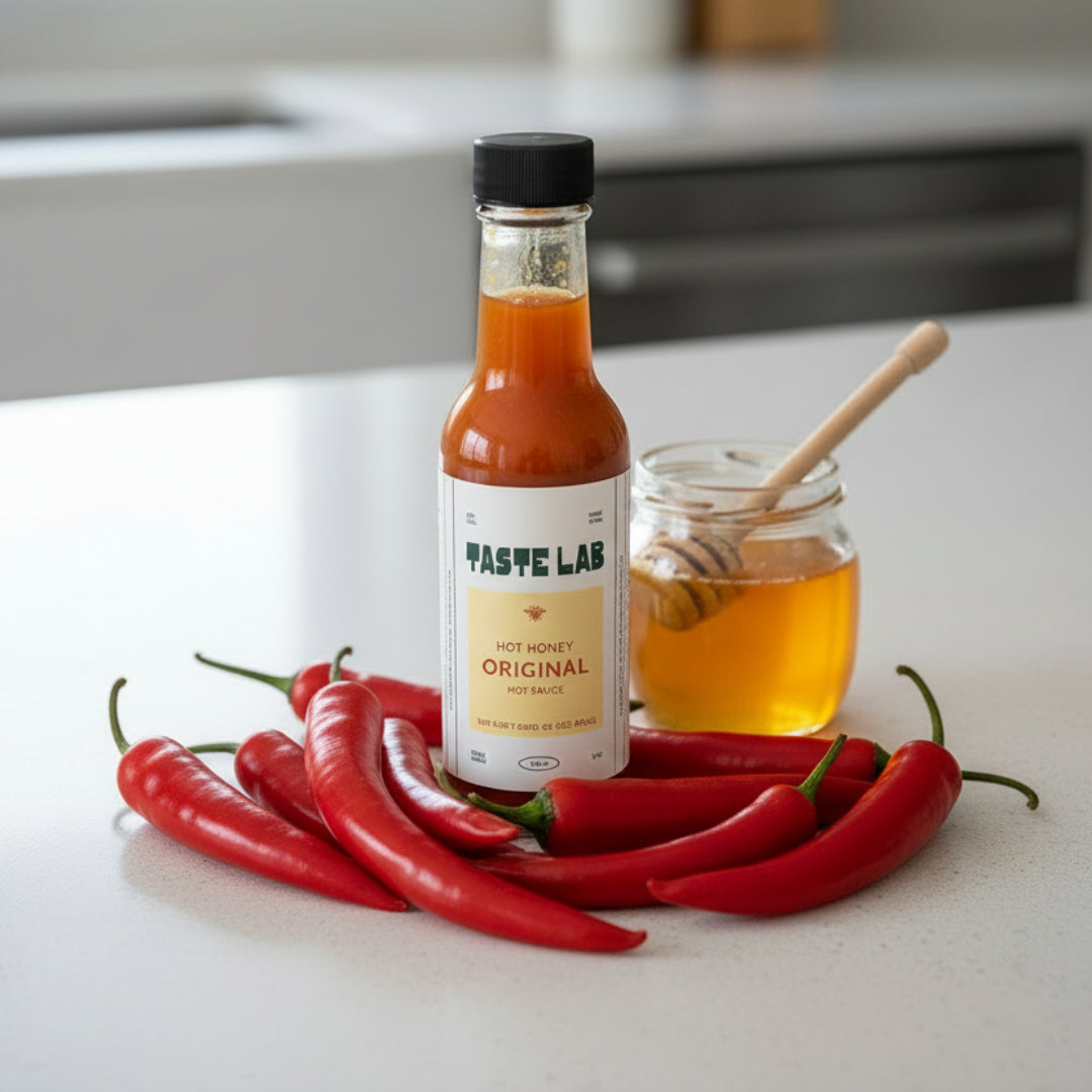 Bottle of Taste Lab Hot Honey Original hot sauce in a modern kitchen surrounded by chilies and honey.