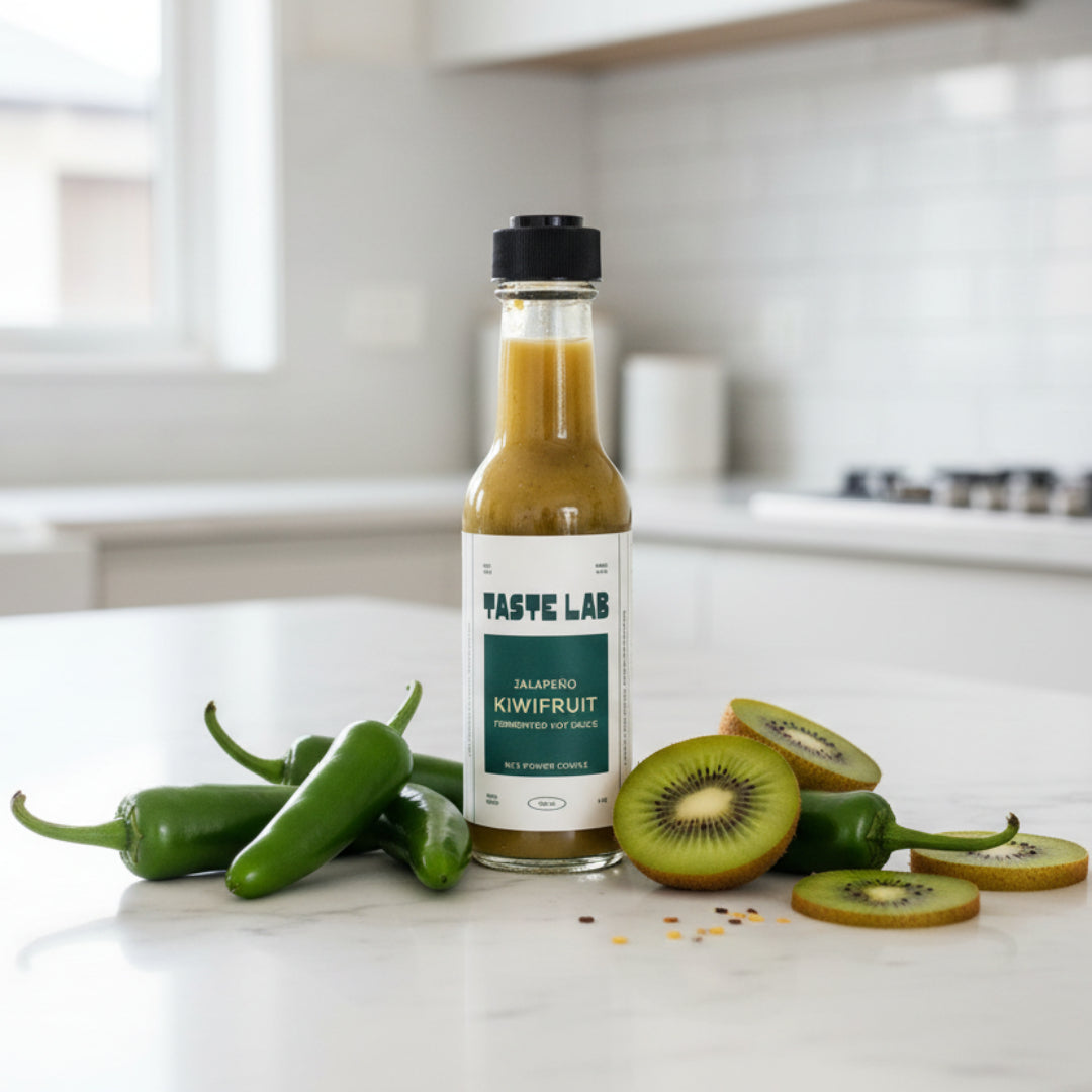 Bottle of Taste Lab Jalapeno Kiwifruit hot sauce on a white background