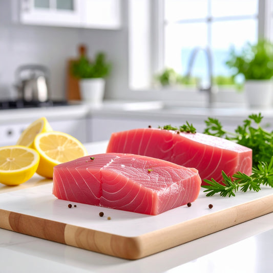 Two fresh tuna fillets on a wooden cutting board garnished with lemon and herbs, in a kitchen setting.