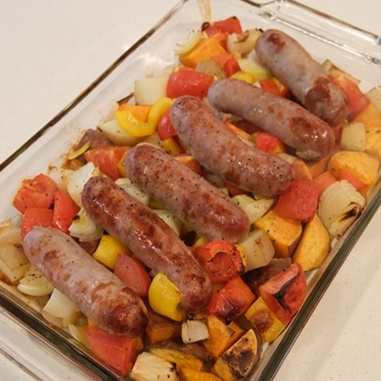 Hot Honey Sausage, Kumara & Pumpkin Tray Bake