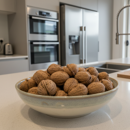 1Kg Walnuts in a bowl on a kitchen worktop
