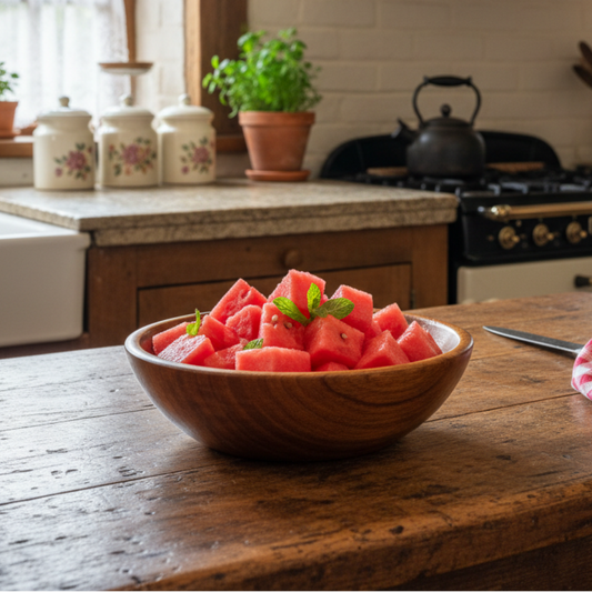 Bowl of watermelon slices on a wooden kitchen counter with a rustic feel.