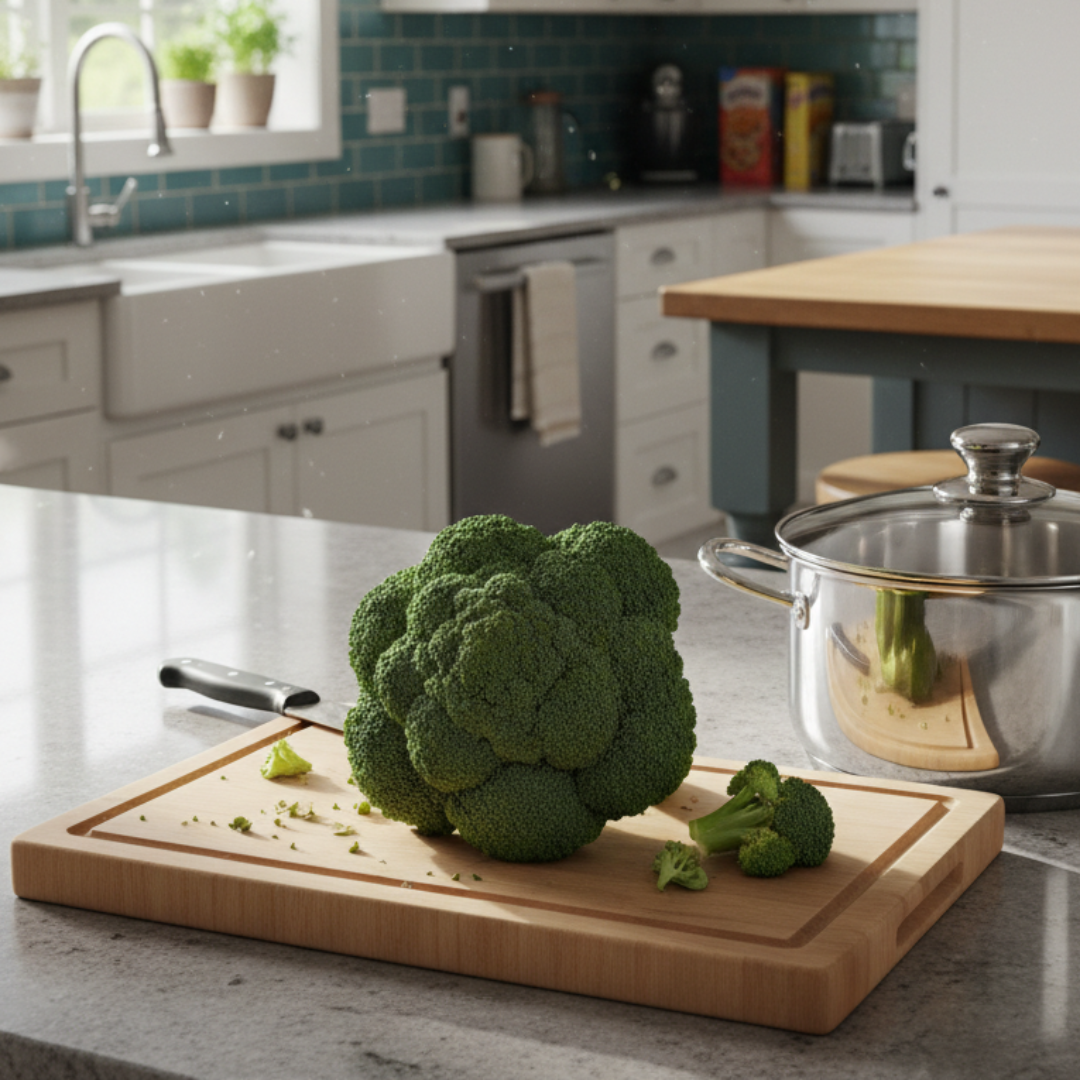 Kitchen counter with broccoli on a cutting board and a pot, with a kitchen in the background.