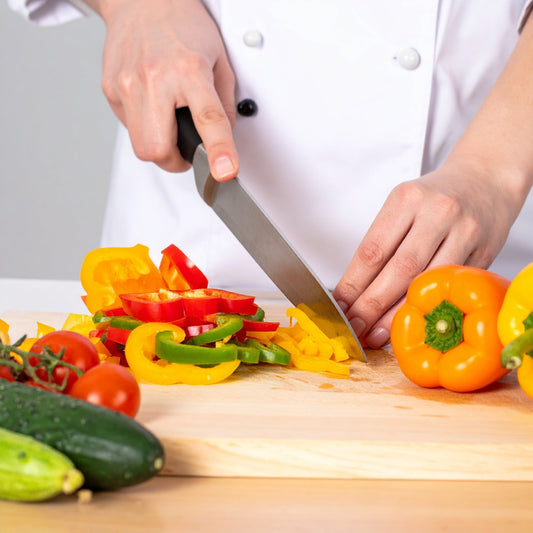 Chef dicing mixed capsicum