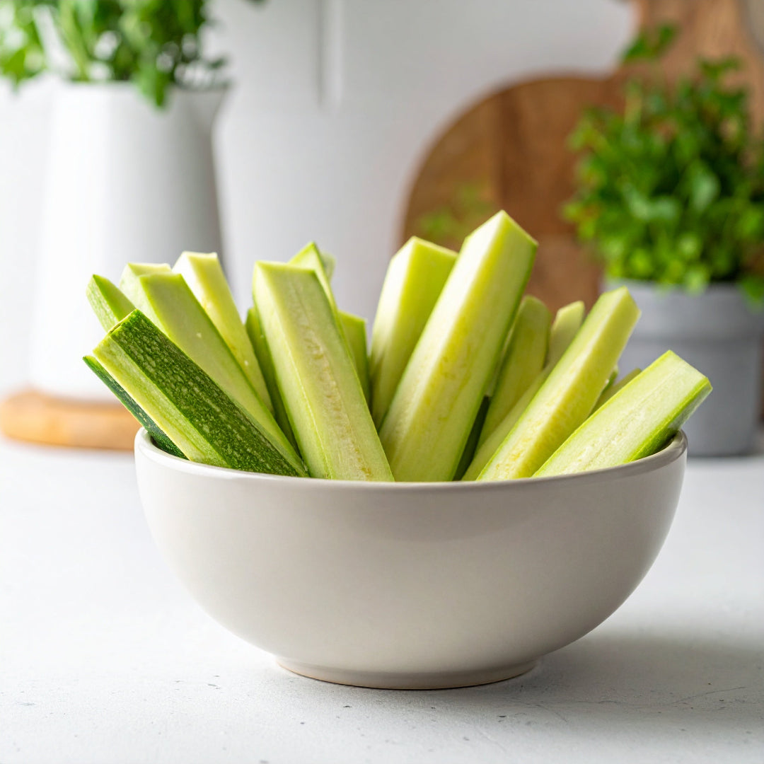 Courgette Batons in a White Bowl