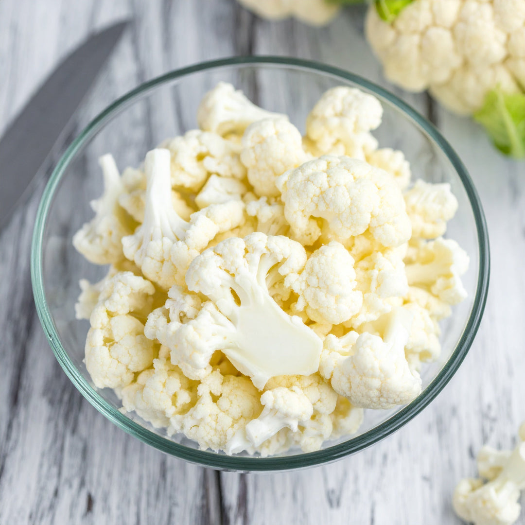 Diced Cauliflower in a glass bowl
