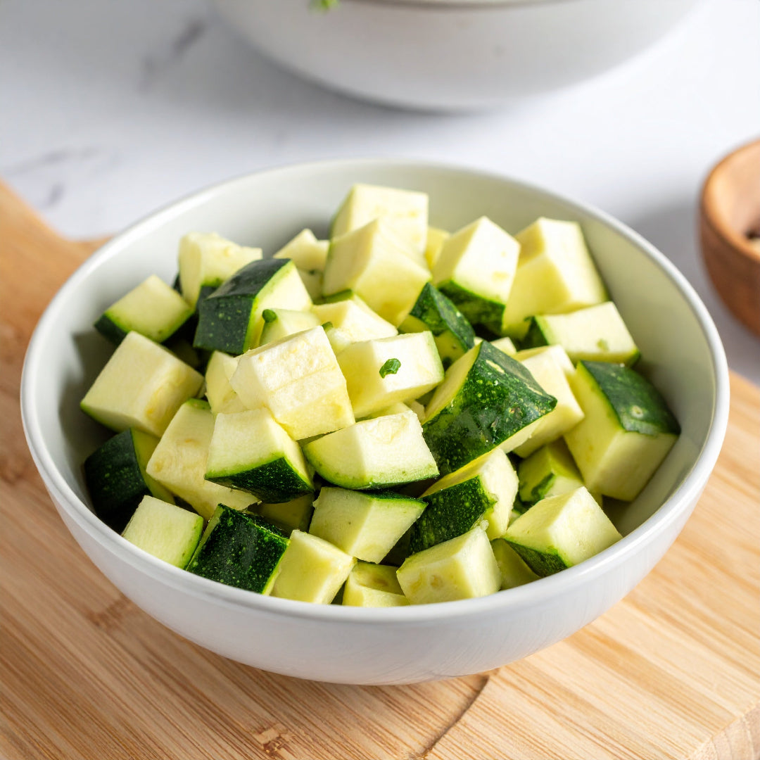 Diced Green Courgette in a white bowl