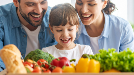 Family opening a box of fresh produce from 'The Urban Market'