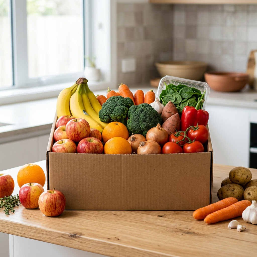 Box of fresh fruits and vegetables on a kitchen counter