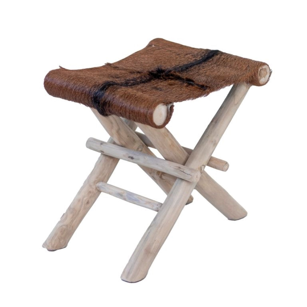 Rustico Folding Goatskin Leather & Teak Stool