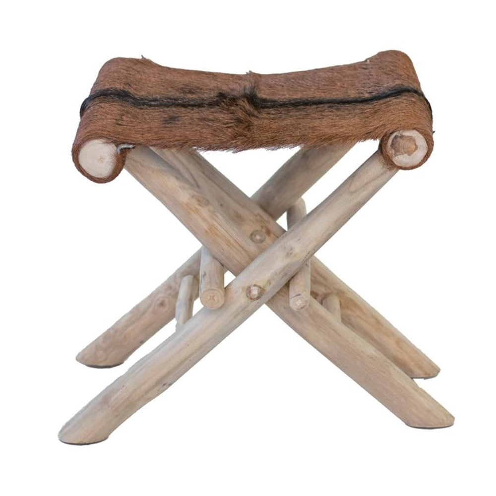 Rustico Folding Goatskin Leather & Teak Stool