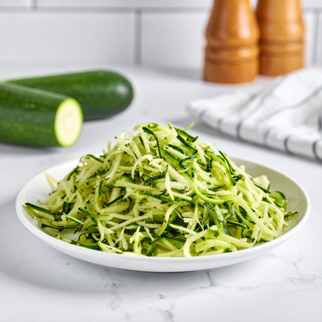Grated Green Courgettes on a white plate