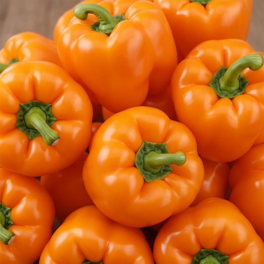 Close-up of a pile of bright orange bell peppers with green stems.