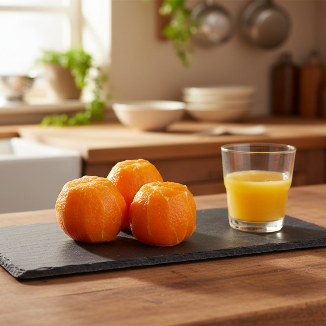 Three peeled mandarin oranges sitting on a slate plate with a glass of orange juice next to them.