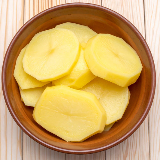 Sliced Potato in a brown ceramic bowl