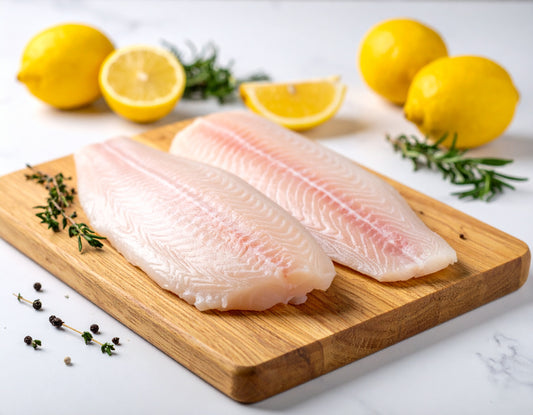 Fresh snapper fillets on a wooden cutting board, accompanied by lemon halves, rosemary sprigs, and black peppercorns, all placed on a white marble surface.