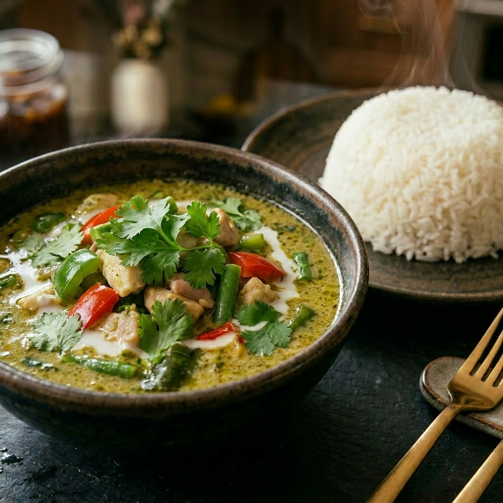 Simply Heat Thai Green Curry with Rice, Gai Lan & Mung Bean Salad