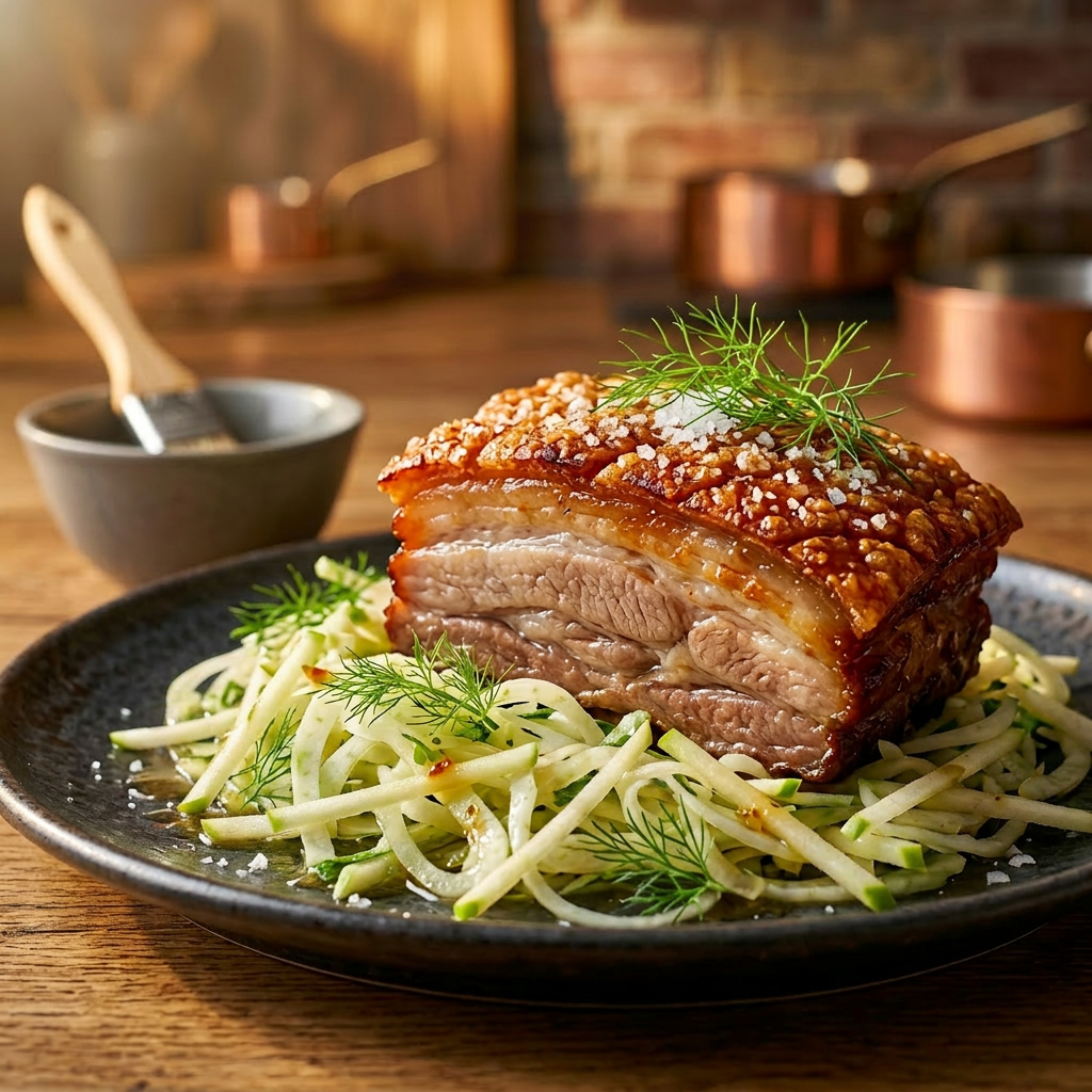 Simply Heat Crispy Pork Belly with Fennel and Apple Slaw