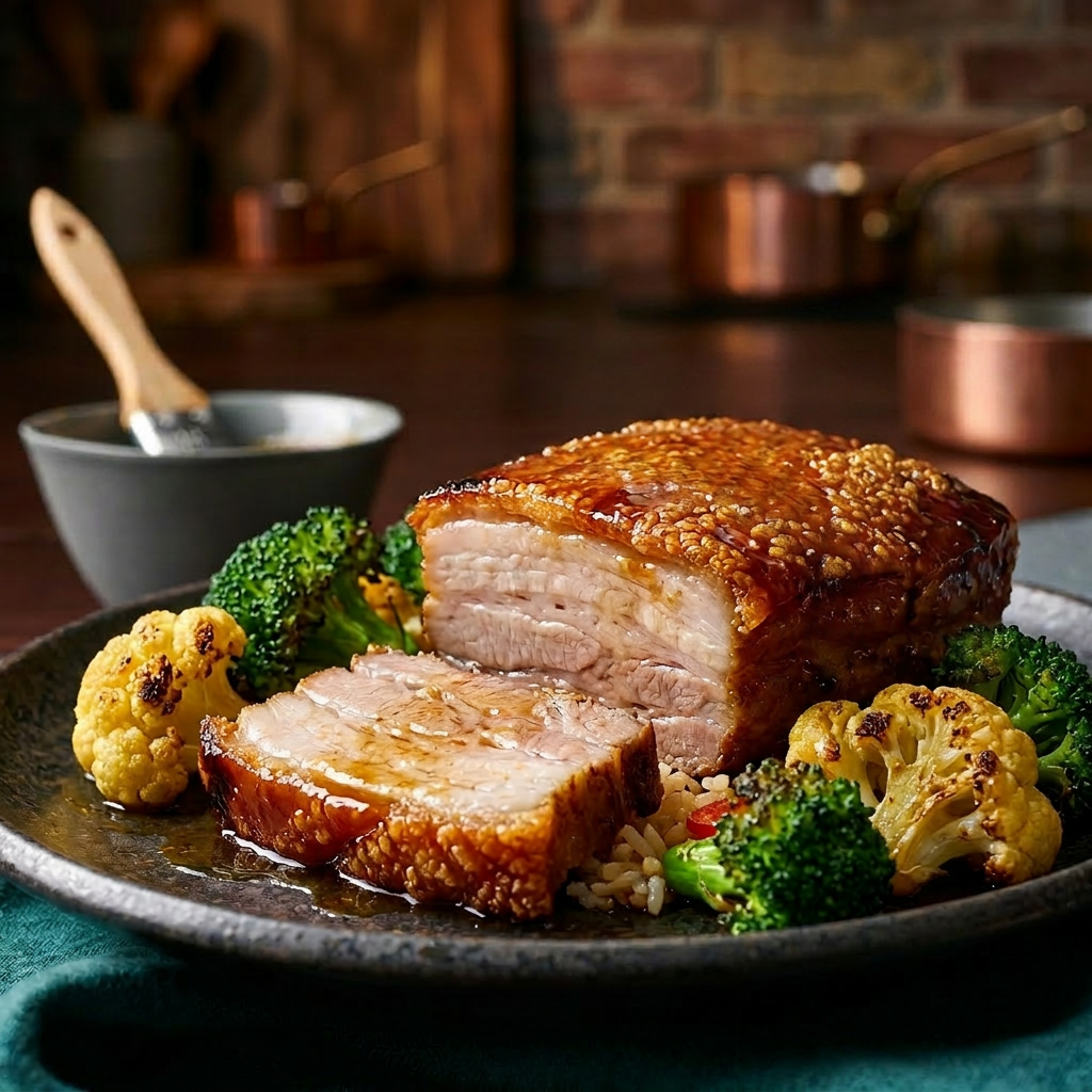 Simply Heat Crispy Pork Belly with Broccoli and Cauliflower Florets