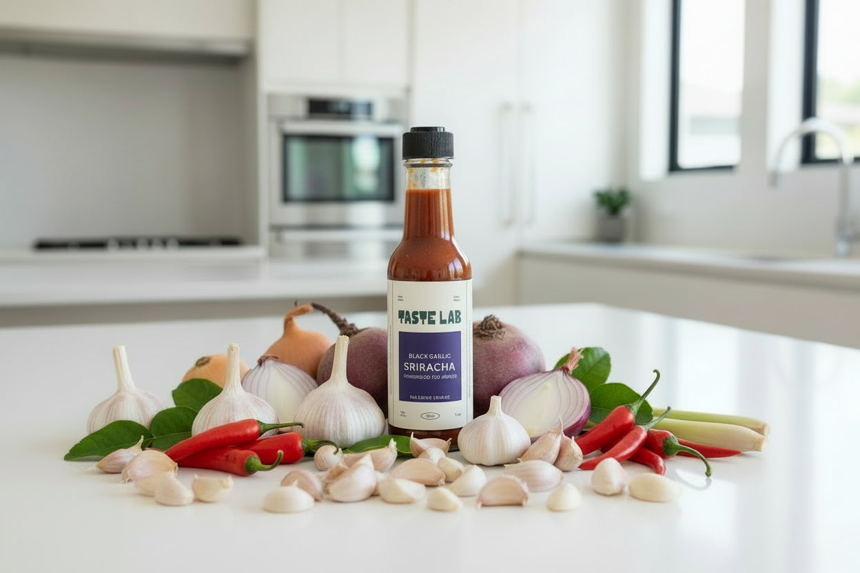 Bottle of Taste Lab Black Garlic Sriracha sauce in a modern kitchen surrounded by Garlic, Chilies, Beetroot, Lemongrass and onions