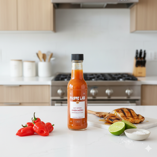 Bottle of Taste Lab Hot Honey Habanero sauce on a kitchen counter with peppers and lime.