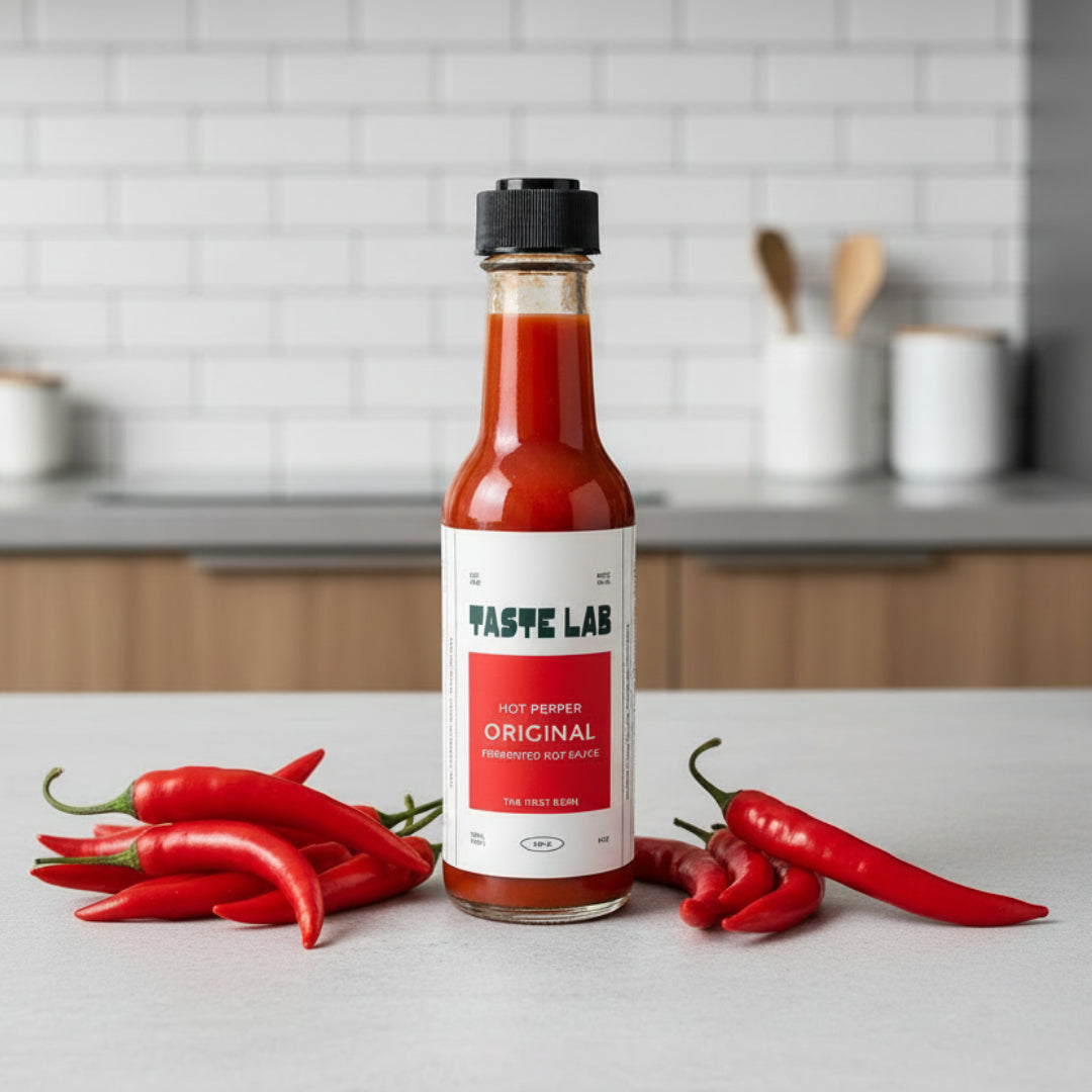 Bottle of Taste Lab hot pepper sauce in a modern kitchen environment surrounded by chilies, sugar and spices.