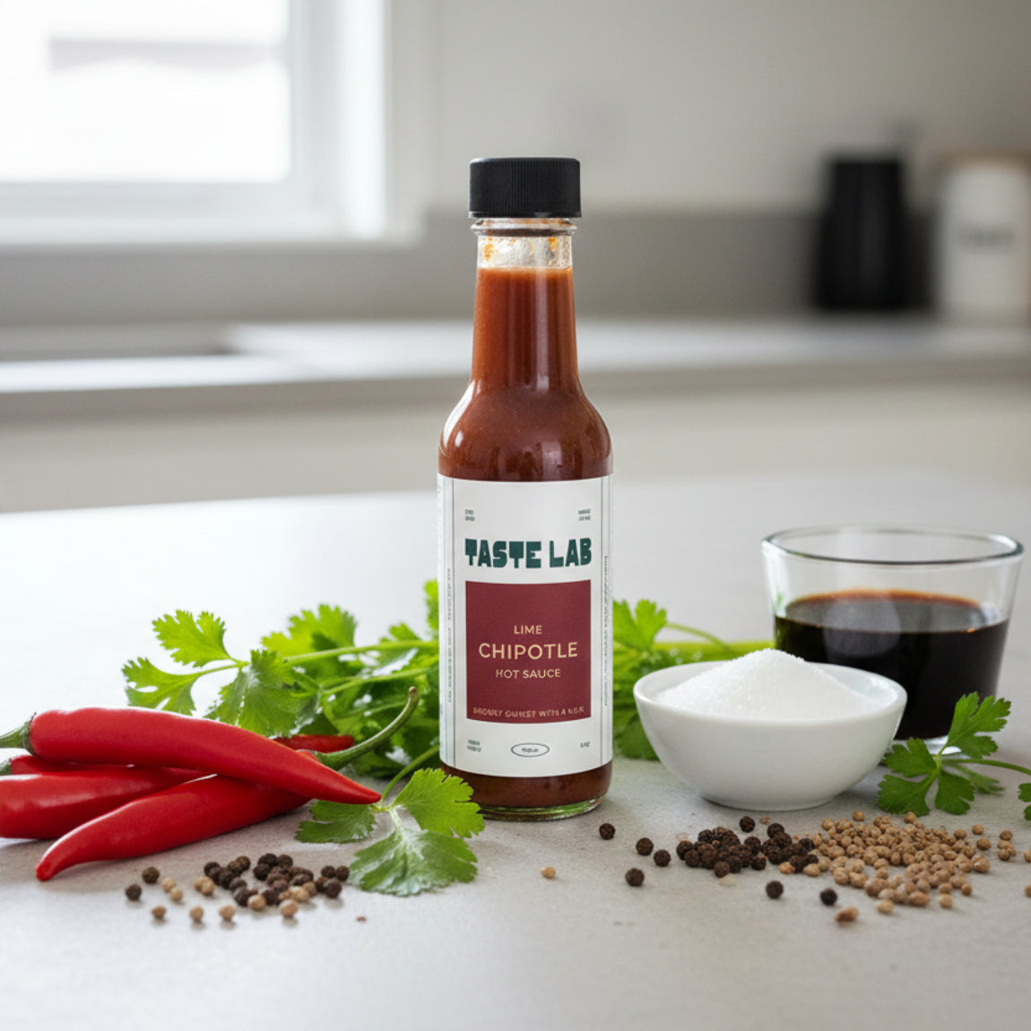 Bottle of Taste Lab Lime Chipotle Hot Sauce on kitchen work surface surrounded by chilies and herbs