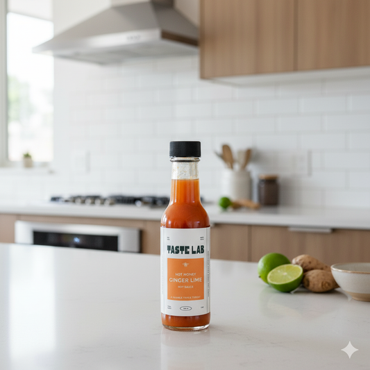Bottle of Taste Lab hot honey ginger lime on a kitchen counter with limes and ginger.