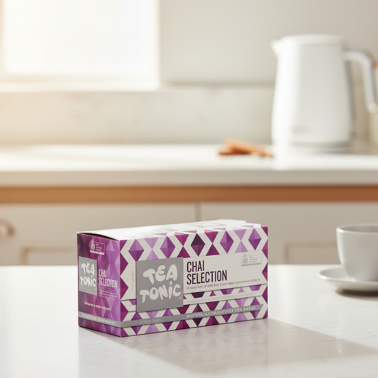 Box of Tea Tonic Chai Selection with purple and white design on a white background