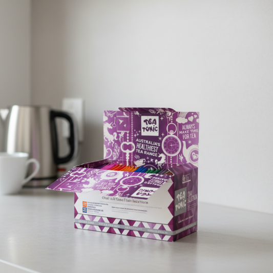 Tea Tonic tea box with colorful tea bags on a white background