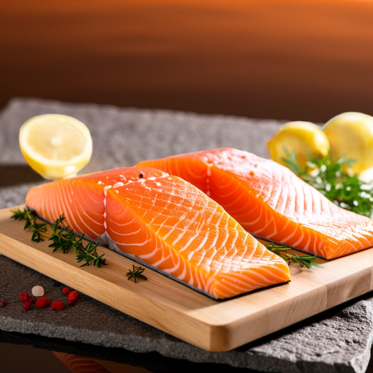Two raw salmon fillets on a wooden cutting board with lemons and herbs.