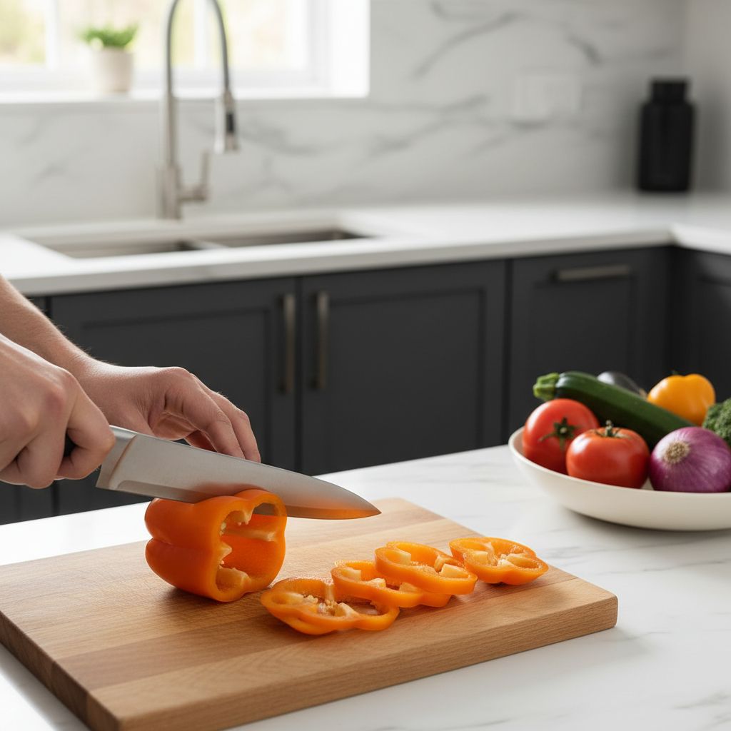 Person cutting an orange pepper on a wooden cutting board in a kitchen.